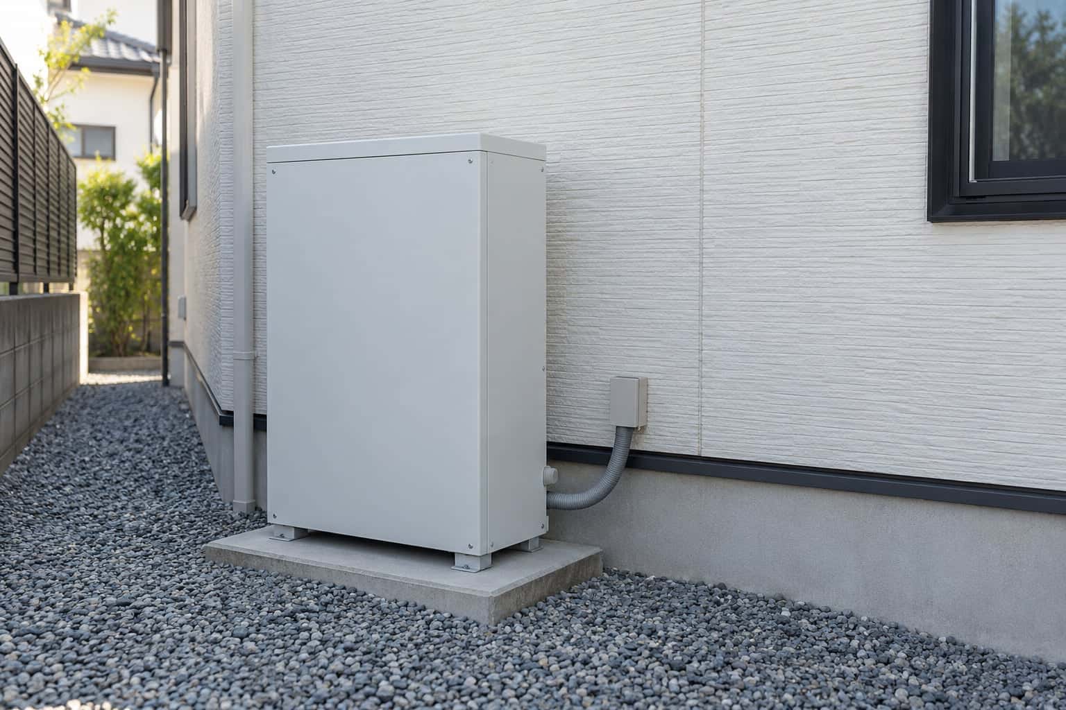 住宅の脇の基礎の上に置いた家庭用蓄電池