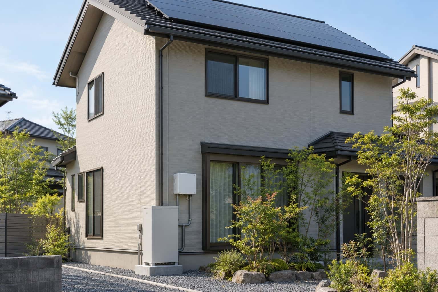 屋根の太陽光パネルと、外壁のパワーコンディショナ、地面の蓄電池がある住宅