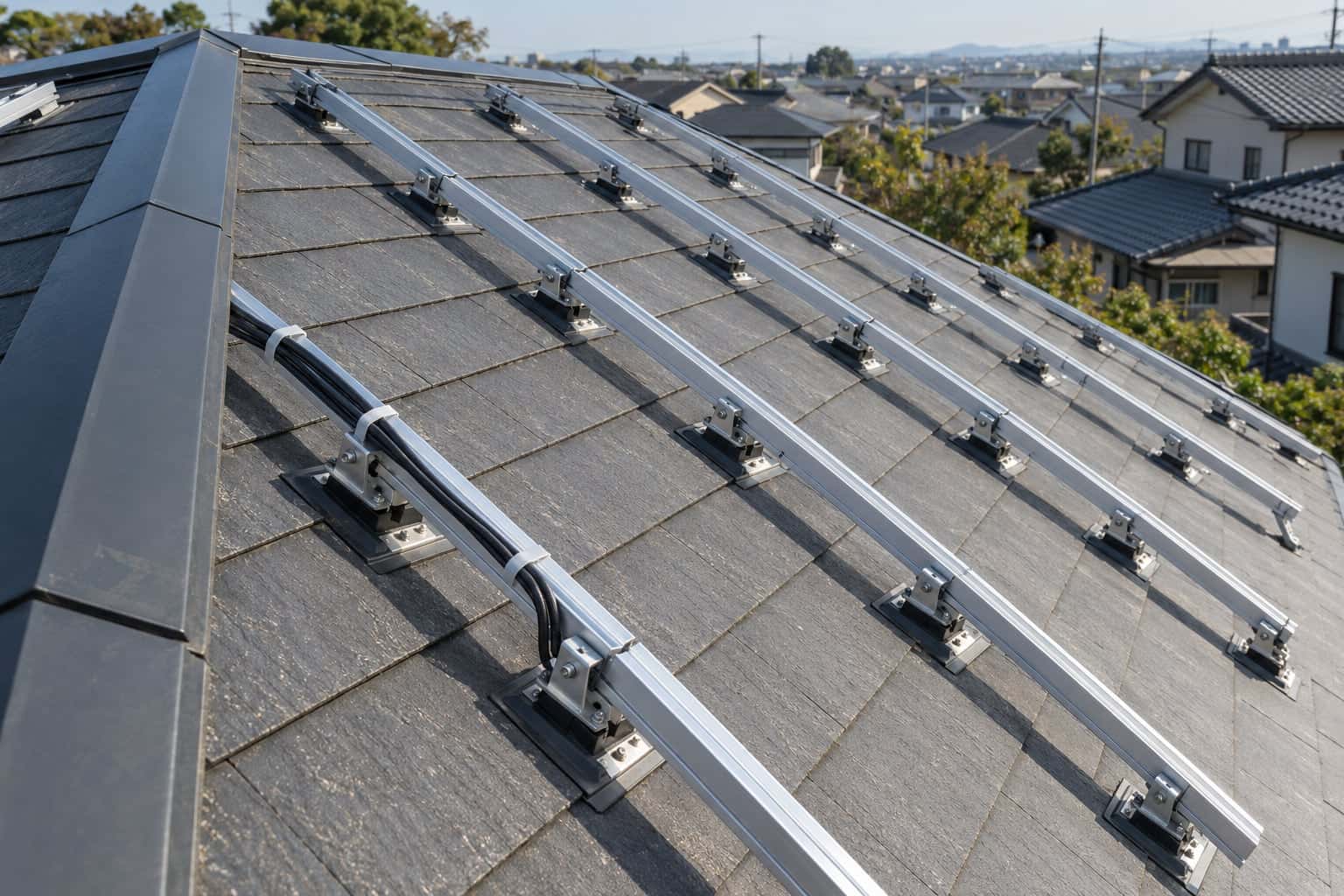 スレート屋根に取り付けた太陽光パネル用の架台と金具